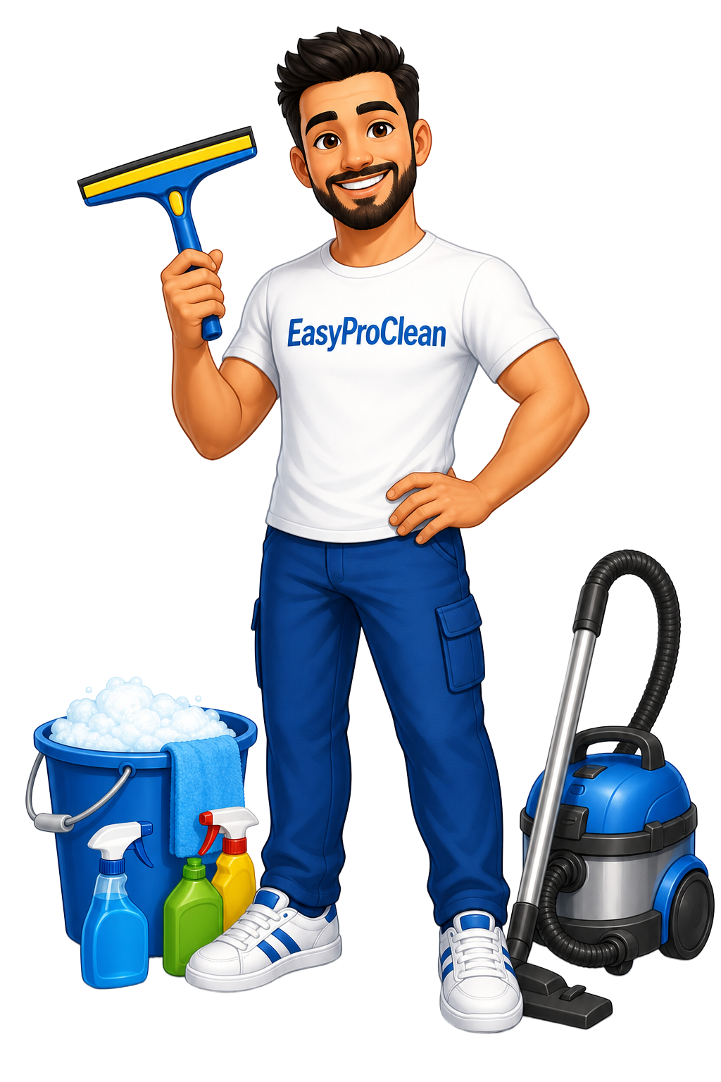 Mascotte EasyProClean — nettoyeur professionnel souriant tenant une raclette à vitres